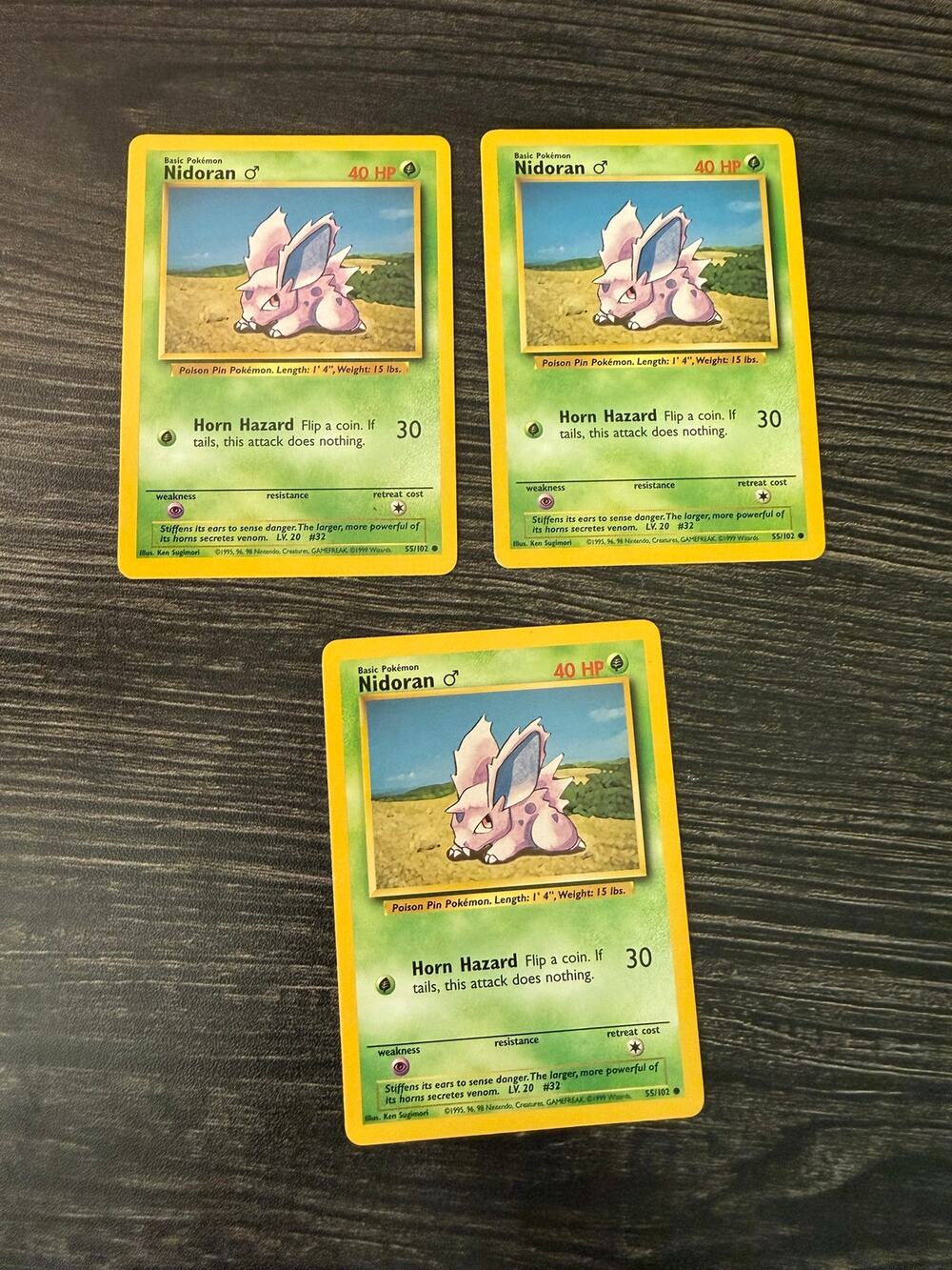 Vintage 1999 Pokémon Base Set Shadowless Nidoran ♂ Lot (3 Cards) 55/102